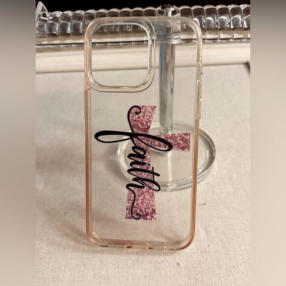 Iphone 15 Pro Max clear silicone case with "FAITH" in pink cross - Picture 6 of 7